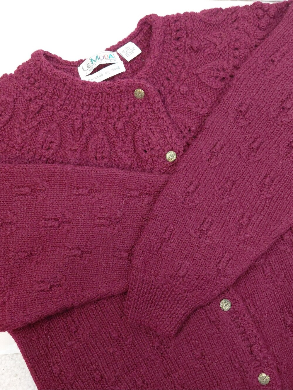 Le Moda Knitwear Knitted By Hand Cardigan Size Large Wool Burgundy Red